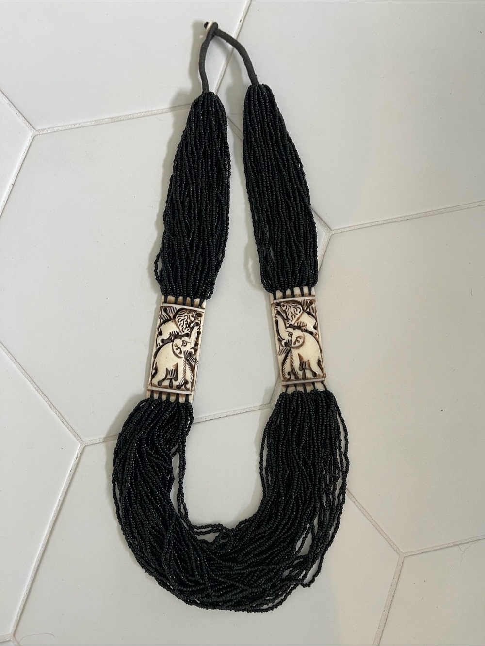 Tribal Tibetan Handmade Black Beaded Statement Necklace with Carved Accents